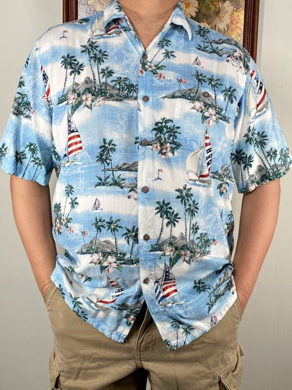 Campia Moda Hawaiian Button Up Shirt Top Men's Large Multicolor Casual